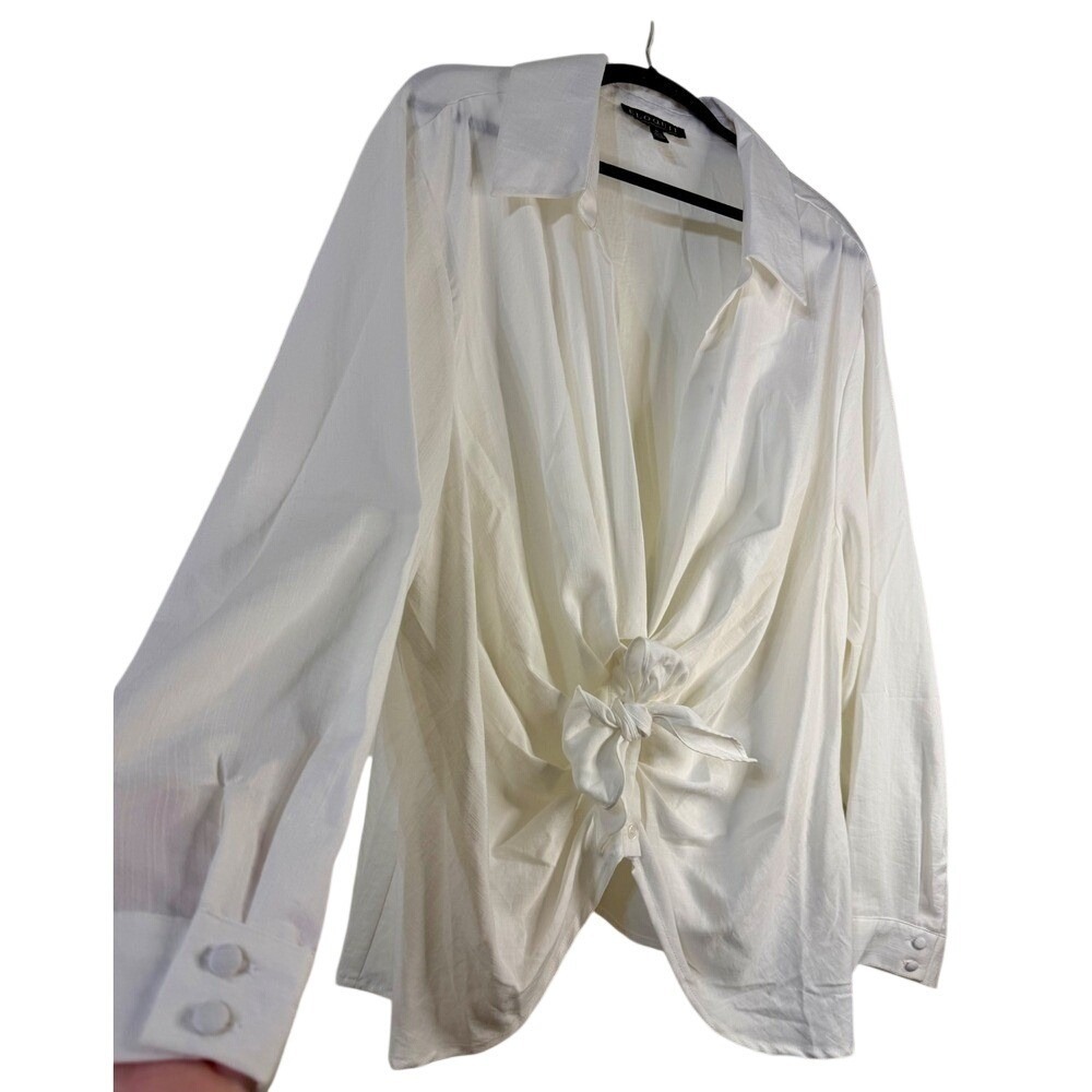 Eloquii White Tie Front Long Sleeve Blouse Size 28 Button Cuff V-Neck Top